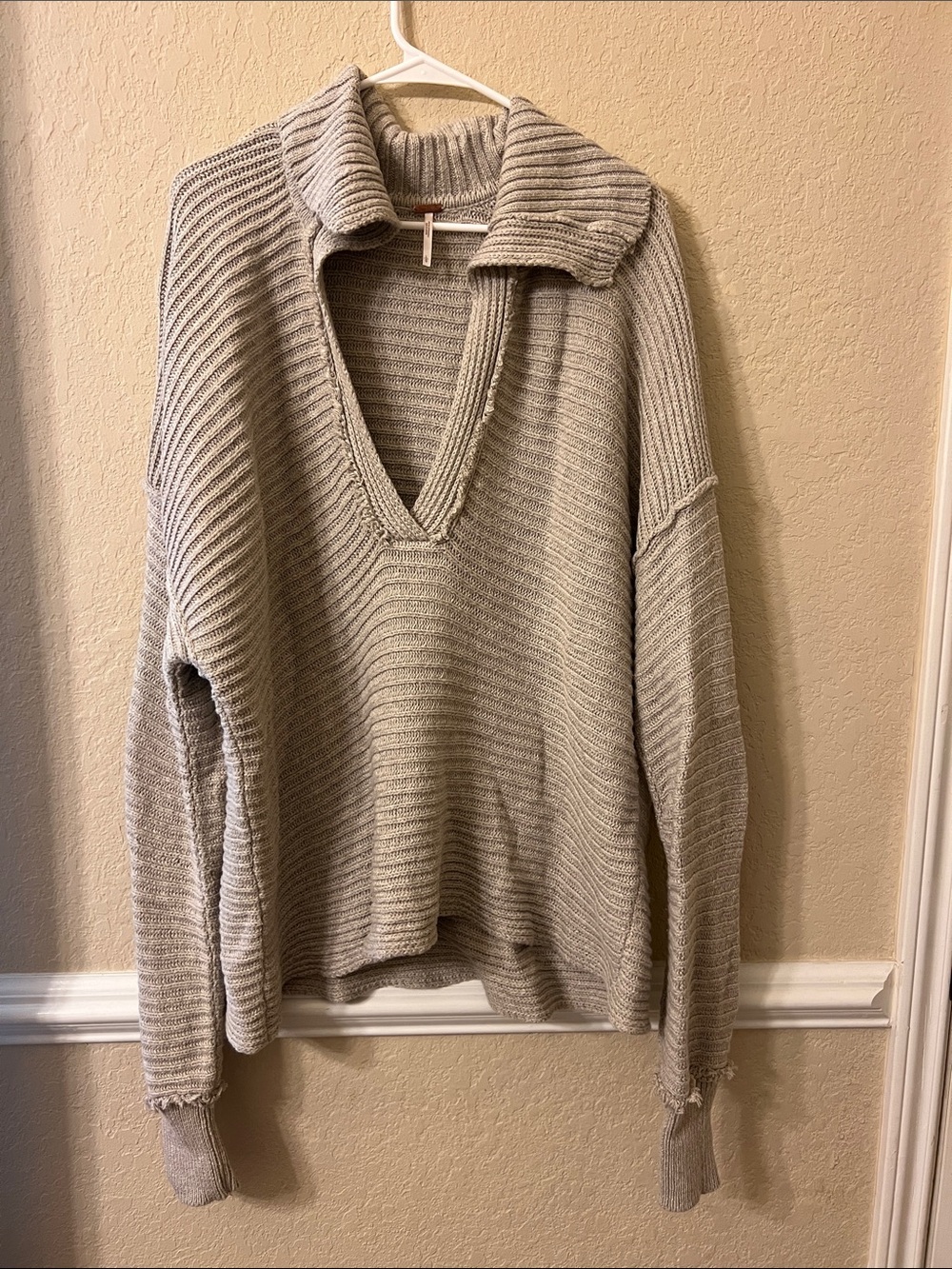 Free People Cream Ribbed V-Neck Collared Sweater